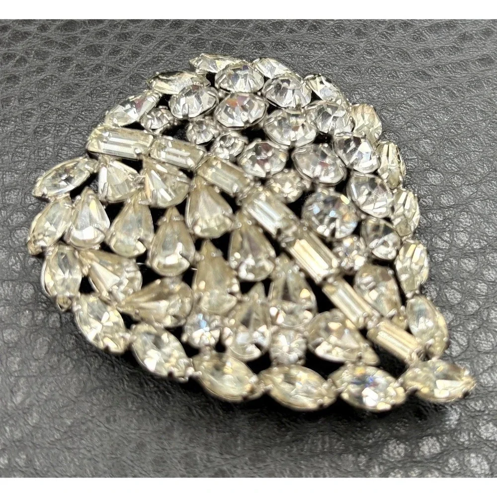 Vintage Huge Large Clear Rhinestone Leaf Brooch Pin GORGEOUS